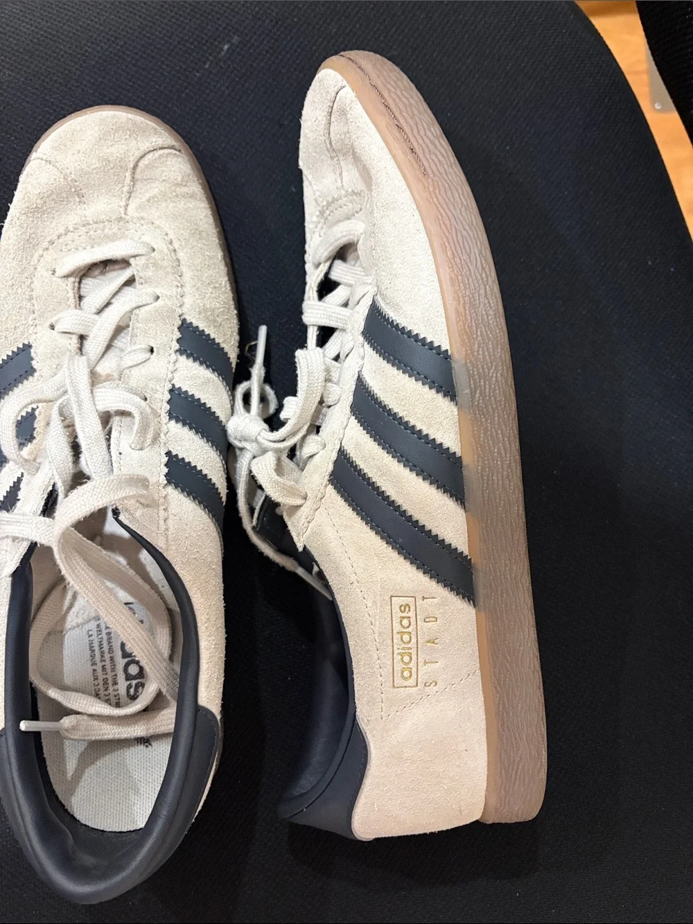 adidas Women’s Beige Suede Sneakers with Black Stripes. Size 9.5